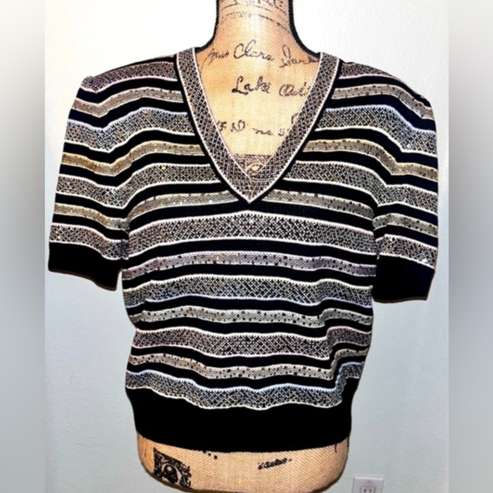 ST JOHN by Marie Grey Sequin Embellished Santana Knit V-Neck Evening Wear Top 14